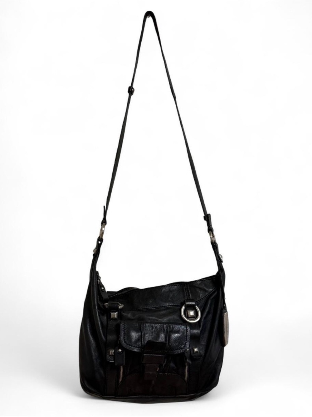 NICOLI Black Leather Crossbody Shoulder Bag with Front Buckle Pocket